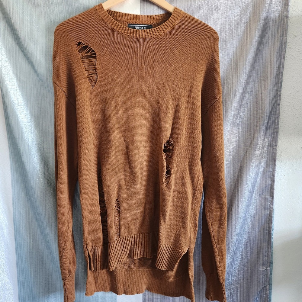 Forever 21 Men Distressed Shredded Cotton Sweater Brown Crewneck S 90s Grunge